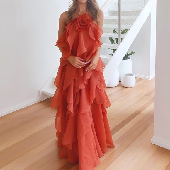 AJE Halter Pleated Long Dress Flower Sleeveless Backless Cascading Ruffle Dress - Picture 1 of 15